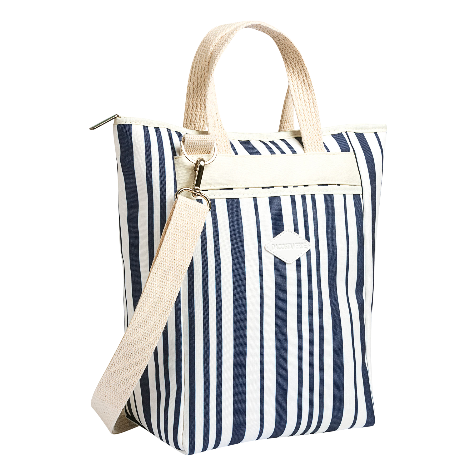 blue striped canvas bag